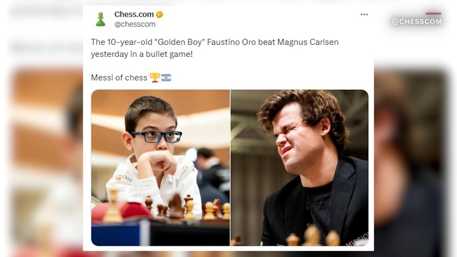 10岁阿根廷男孩福斯蒂诺·奥罗击败国际象棋明星马格努斯·卡尔森